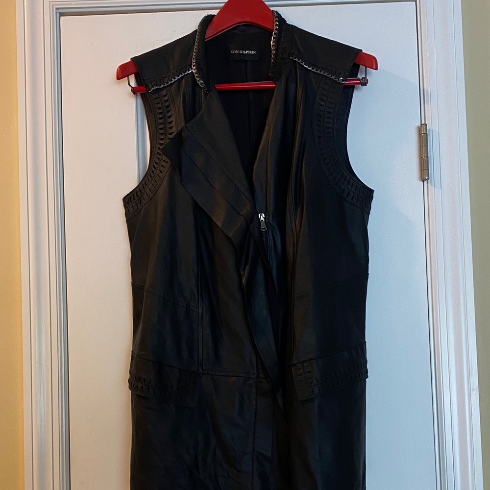 Kobi Halperin 💯Genuine Leather Black Silver Chain Full Zip Ruffled Vest - Picture 5 of 16